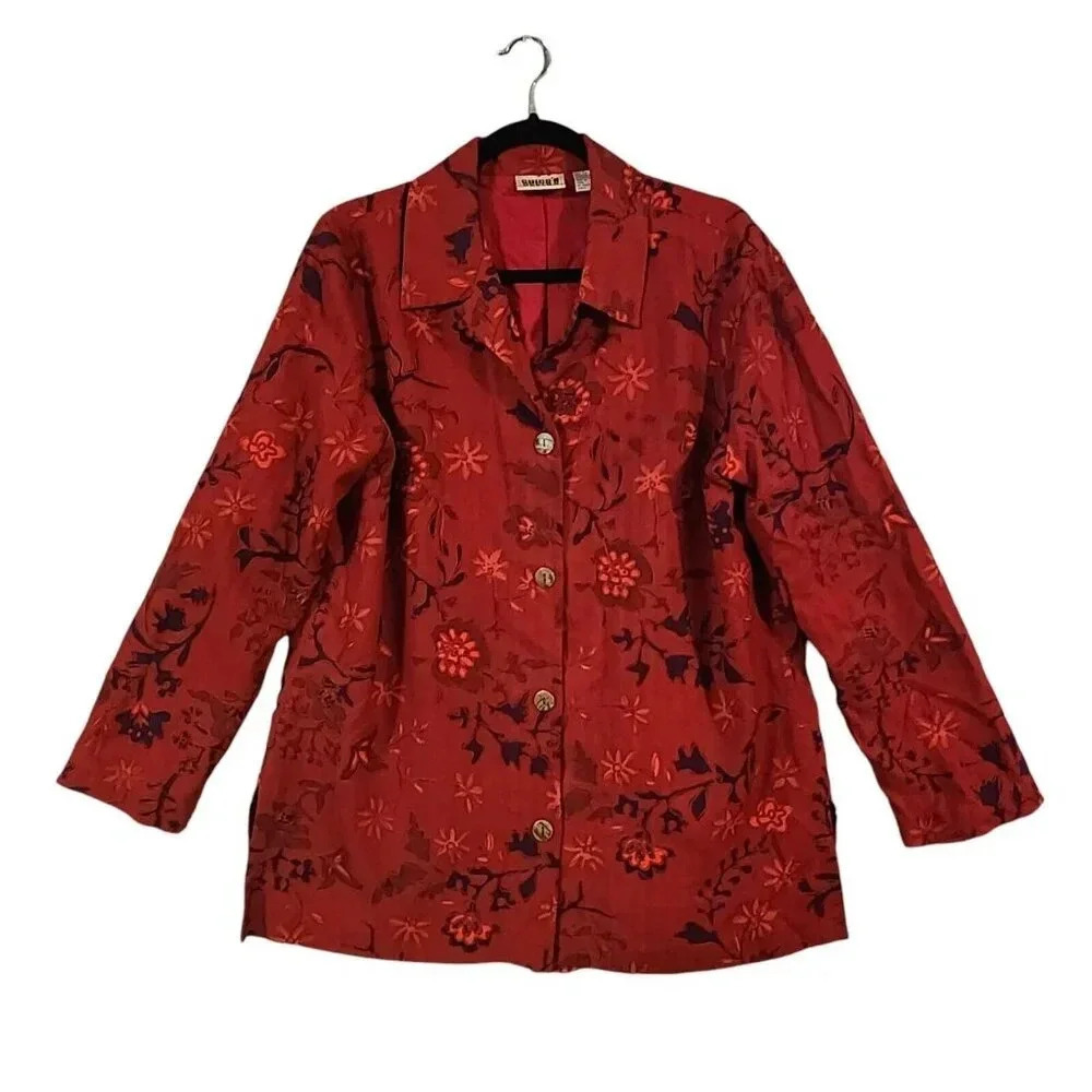 Chico's Design 100% Silk Jacket Women Red Embroidered Front Button Floral Size 2